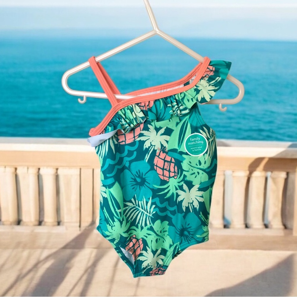 Carter's Green and Pink One Piece Swimwear Tropical Design